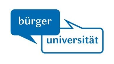 Das Logo der Bürgerunivesität: Zwei Sprechblasen mit den Wörtern "Bürger" und "Universität" im Dialog